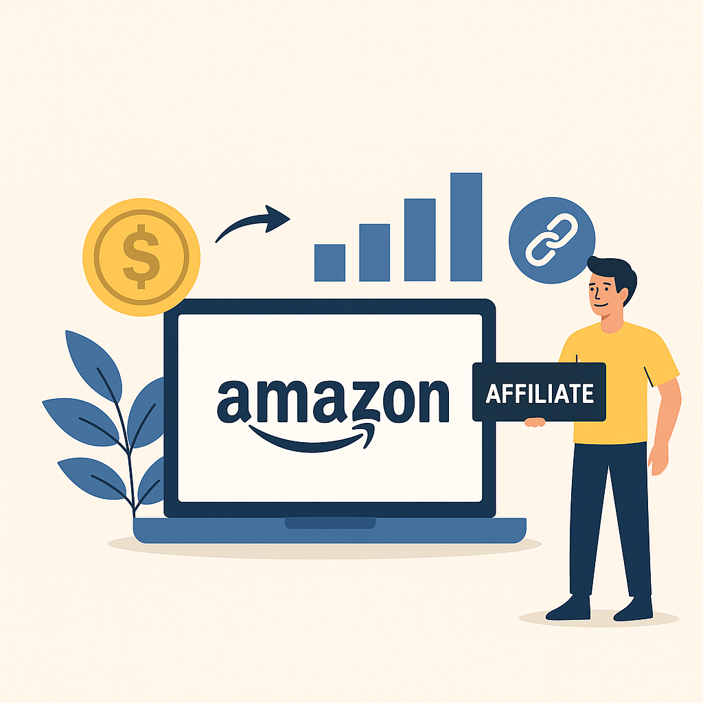 رجل يحمل لافتة Affiliate بجانب شاشة تعرض شعار أمازون، مع رموز بيانية وعملة ذهبية، تمثل مفهوم الربح من برنامج أمازون للتسويق بالعمولة