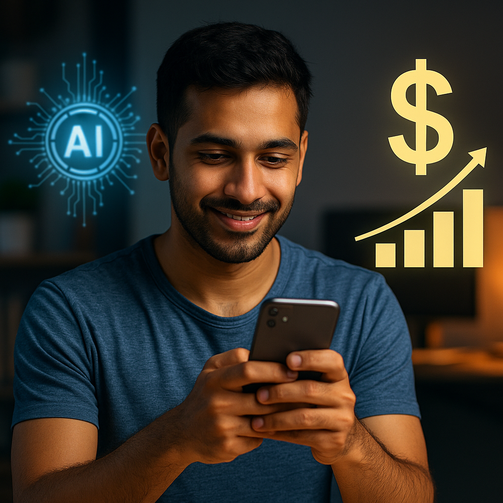 شاب يستخدم هاتفه الذكي في بيئة منزلية عصرية لربح المال عبر الإنترنت باستخدام أدوات الذكاء الاصطناعي.