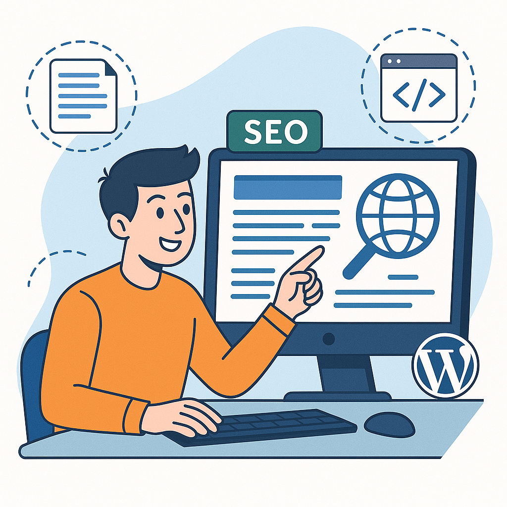 شاب يعمل على كتابة مقال على لابتوب، محاط بأيقونات أدوات تحسين محركات البحث والمواقع