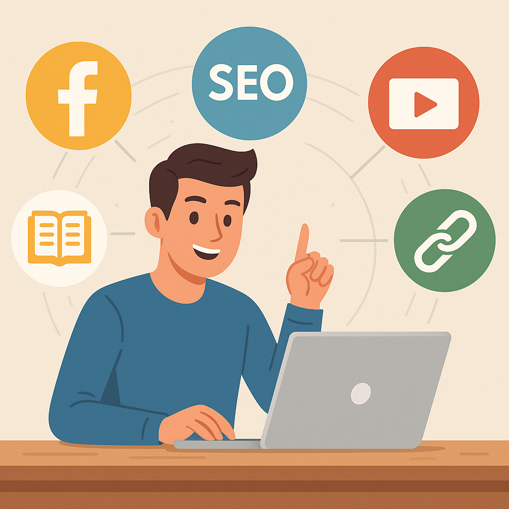 شاب يستخدم لابتوب للترويج لموقعه عبر وسائل مجانية في عام 2025