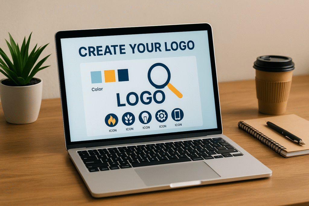 كمبيوتر محمول يعرض شاشة تصميم شعار احترافي بخلفية نظيفة وعصرية