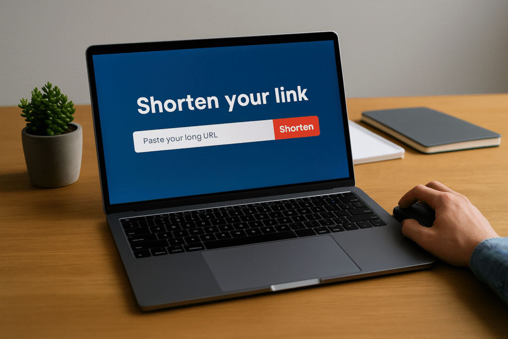 واجهة جهاز لابتوب مفتوحة على أداة لاختصار الروابط، بجانب كوب قهوة وهاتف ذكي على طاولة خشبية