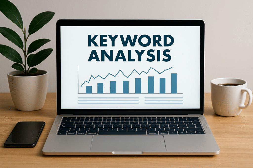 شاشة لابتوب تعرض رسمًا بيانيًا لتحليل الكلمات المفتاحية وأدوات SEO بجانب كوب قهوة