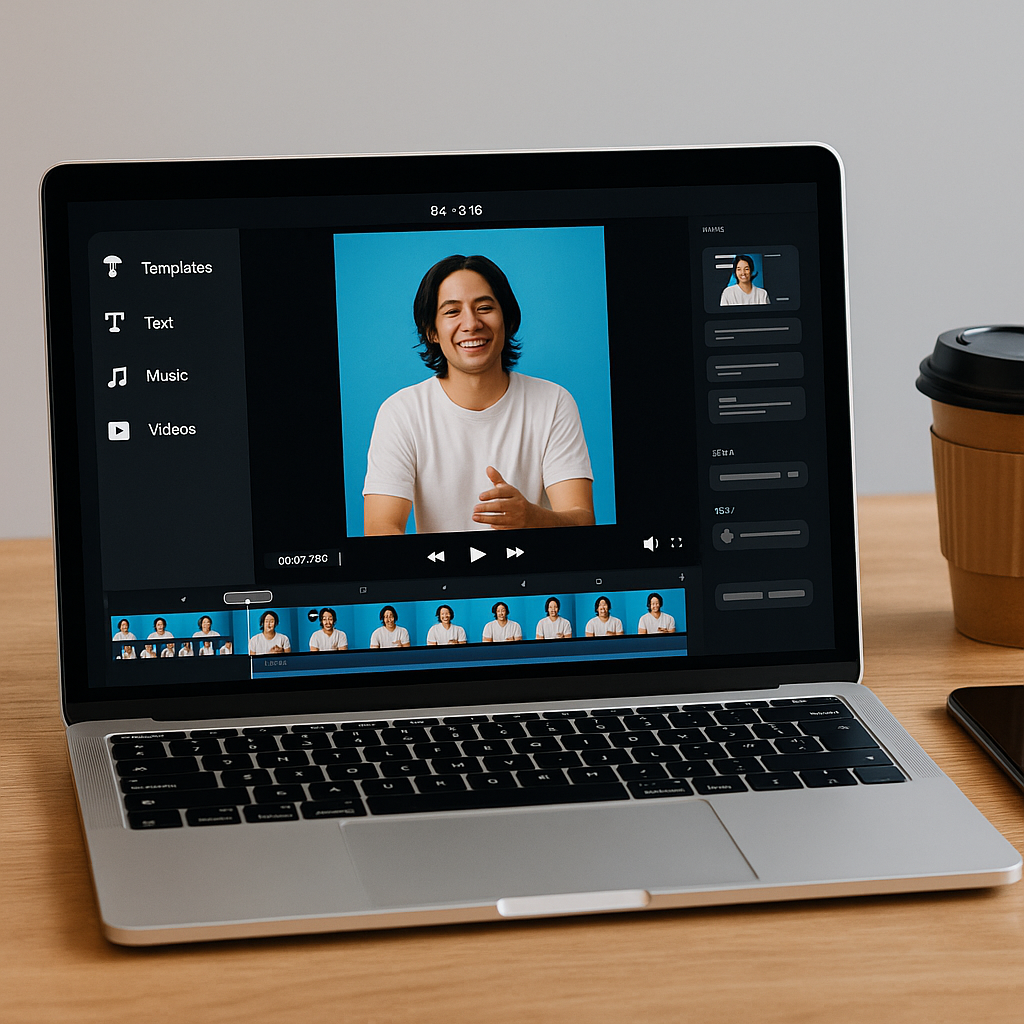 لابتوب مفتوح على شاشة تصميم فيديوهات قصيرة داخل بيئة عمل أنيقة ومضيئة