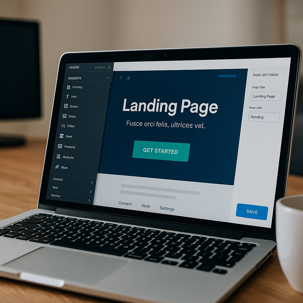 لابتوب يعرض أداة تصميم صفحة هبوط احترافية على مكتب خشبي بجانبه كوب قهوة وشاشة خارجية ضبابية في الخلفية