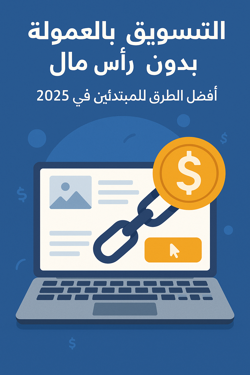 رسم توضيحي للتسويق بالعمولة بدون رأس مال، يعرض لابتوب، رمز سلسلة ودولار، مع عنوان عربي بارز يوضح الفكرة.