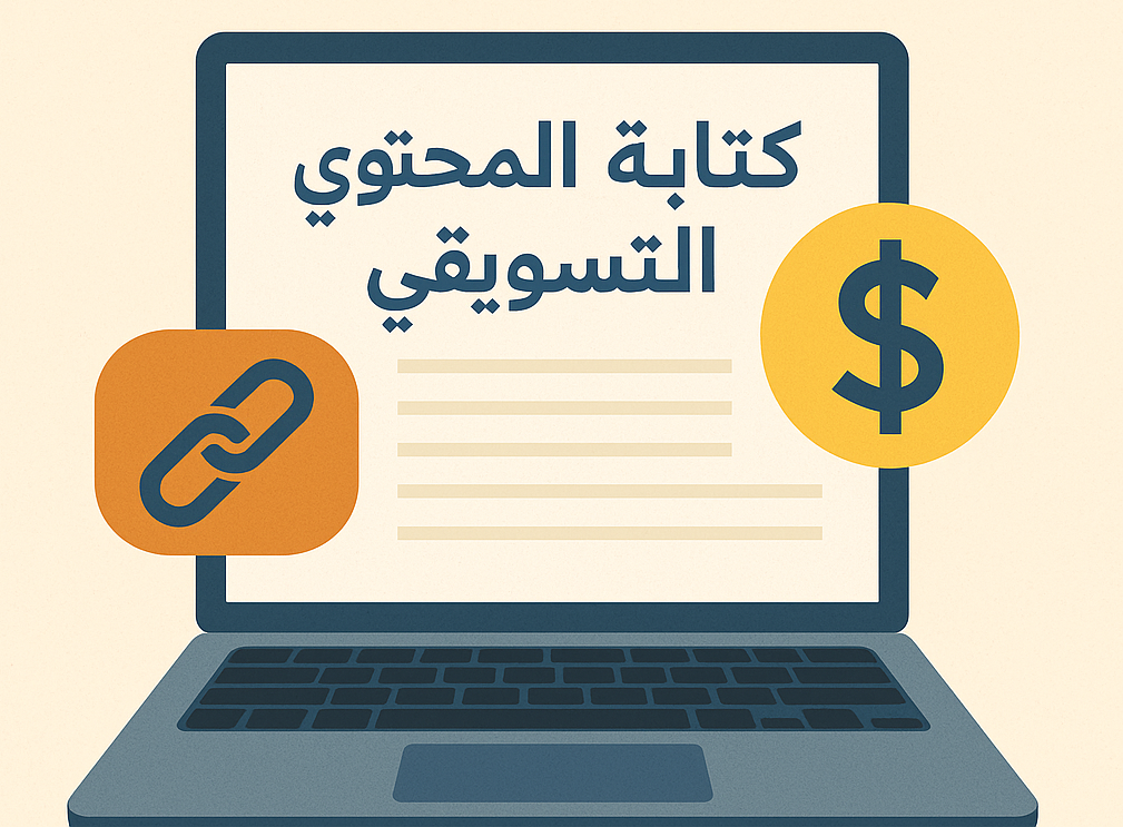 تصميم يوضح كتابة المحتوى التسويقي، يظهر فيه جهاز لابتوب ونص عربي يعبر عن التسويق بالمحتوى وجذب العملاء.