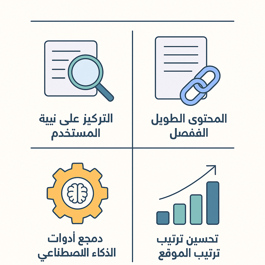 رسم تعبيري يوضح اتجاهات كتابة المحتوى 2025 بأسلوب بصري بسيط وجذاب