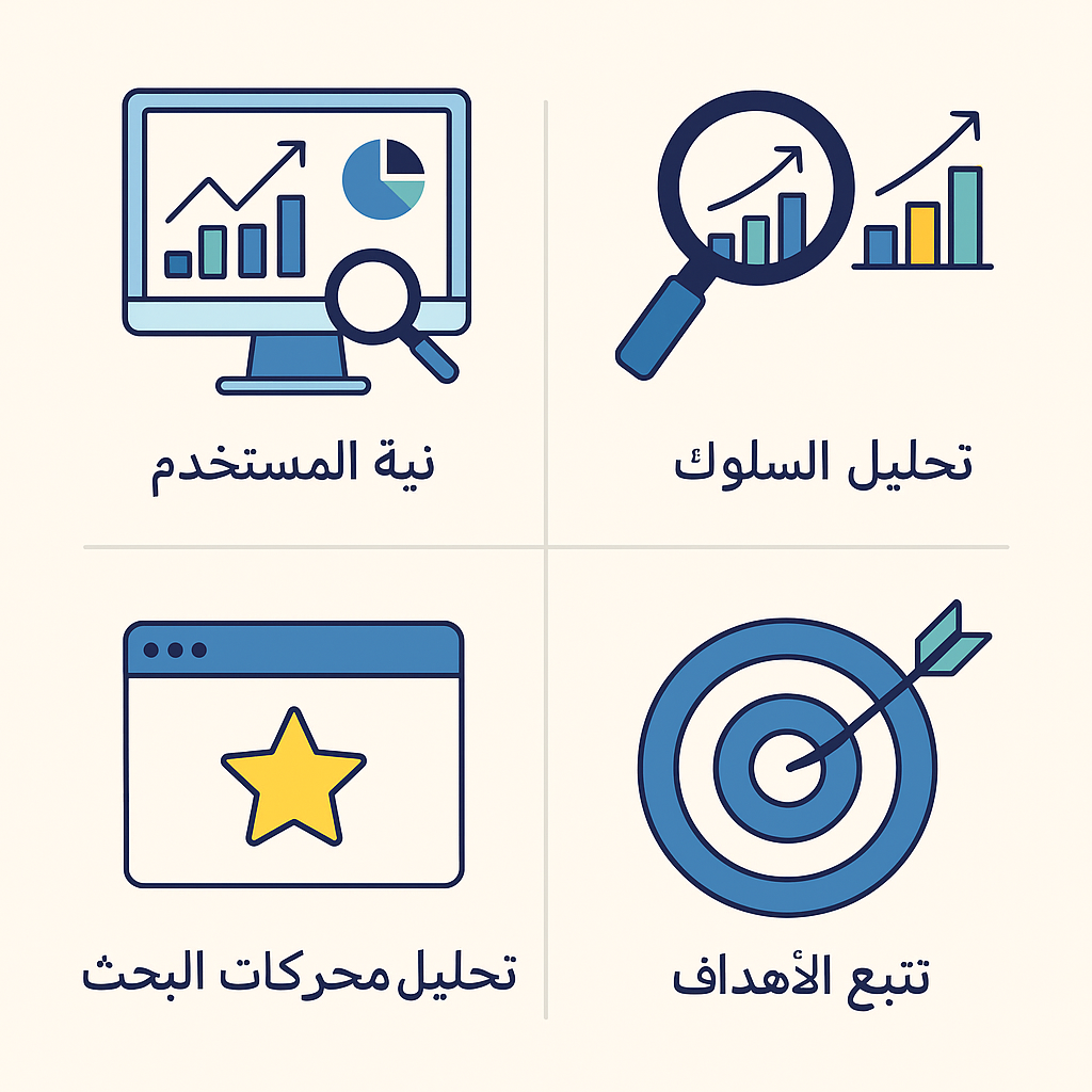 رسم توضيحي لأهم أدوات تحليل المواقع 2025 يعرض مفاهيم تحليل السلوك، الأداء، تجربة المستخدم، وتحسين النتائج.